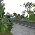 Municipal Road Urban Streetscape With Lush Greenery Trees Stone Sidewalk Pedestrian And Blue Car