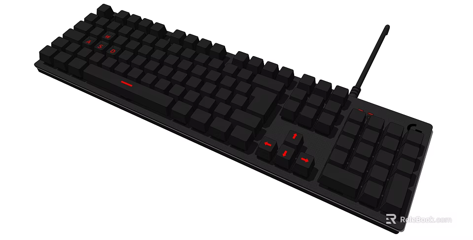 Black Wired Mechanical Keyboard With Red Backlit Keys And Full Size Layout 3d model 