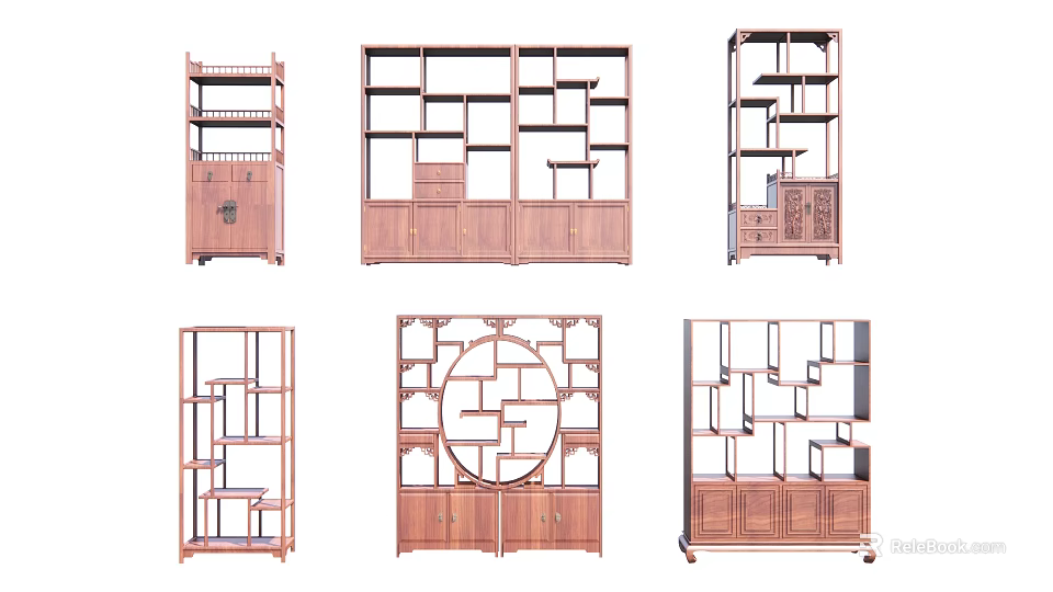 Traditional Chinese Wooden Antique Display Shelves with Geometric Lattice Designs and Storage Compartments 3d model 