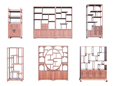 Traditional Chinese Wooden Antique Display Shelves with Geometric Lattice Designs and Storage Compartments 3d model