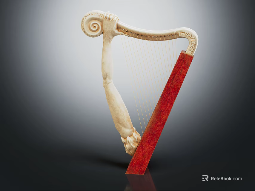 Elegant Classical Harp Musical Instrument With White Carved Body And Red Accent Design 3d model 