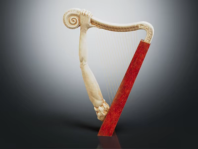 Elegant Classical Harp Musical Instrument With White Carved Body And Red Accent Design 3d model