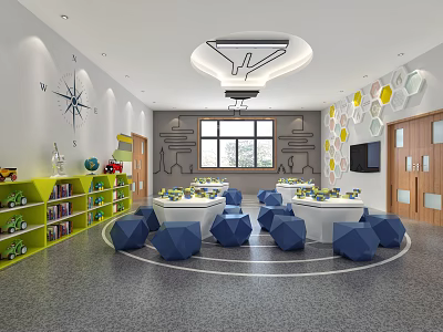 Bright Kindergarten Interior With Round Tables Blue Seats Hexagon Wall Decor And Bookshelves 3d model