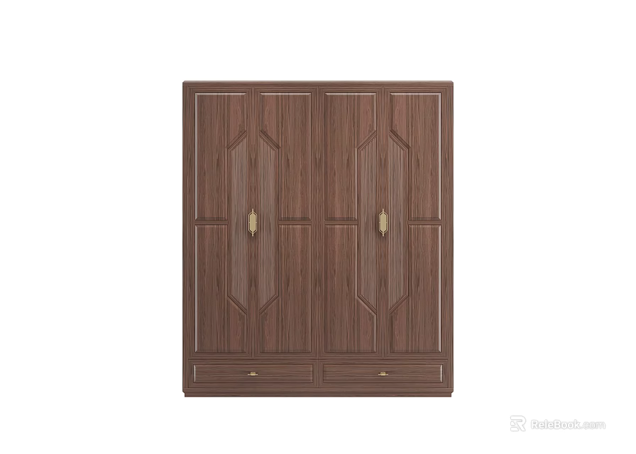 Classic Wooden Wardrobe With Double Door Symmetric Patterns Gold Handles And Bottom Drawers 3d model 