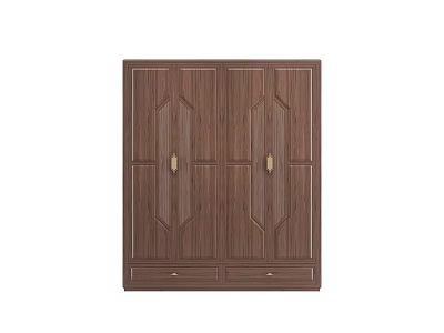 Classic Wooden Wardrobe With Double Door Symmetric Patterns Gold Handles And Bottom Drawers 3d model