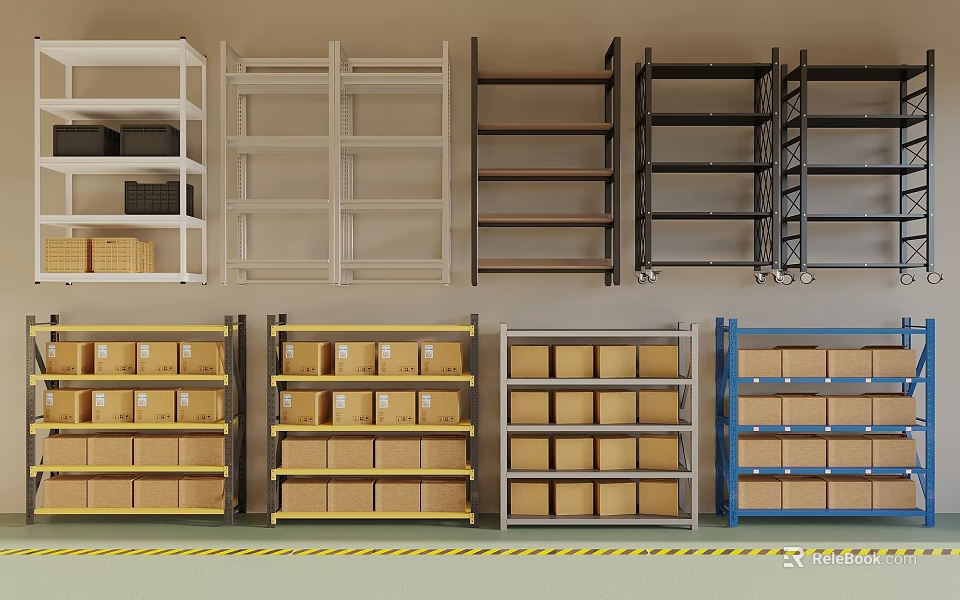Various Colors Metal Wooden Storage Shelves With Cardboard Boxes In Warehouse 3d model 