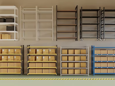 Various Colors Metal Wooden Storage Shelves With Cardboard Boxes In Warehouse 3d model