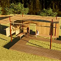 Wooden Pergola Featuring Shaded Roof And Benches On Green Lawn With Trees