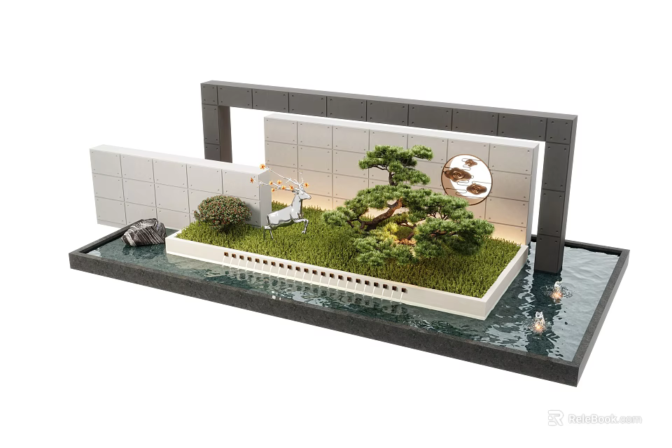 Modern Garden Wall Design With Water Feature Greenery Pine Tree And Circular Decor 3d model