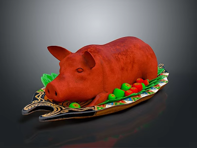 Red Roasted Pig on Decorative Plate with Green and Red Fruits 3d model