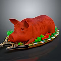 Red Roasted Pig on Decorative Plate with Green and Red Fruits