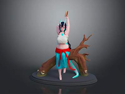 3D Female Character Model With Blue Horns Long Black Hair And Tree Root Base 3d model