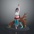 3D Female Character Model With Blue Horns Long Black Hair And Tree Root Base