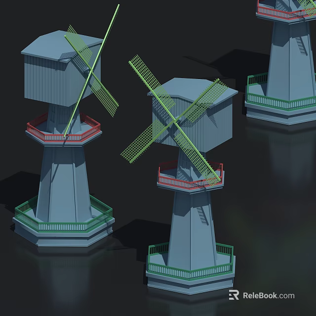 Three Windmill Models Featuring Gray Body Green Blades Red Green Railings And Ladders 3d model 