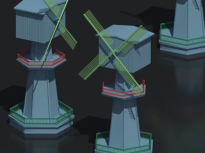 Three Windmill Models Featuring Gray Body Green Blades Red Green Railings And Ladders 3d model