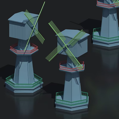 Three Windmill Models Featuring Gray Body Green Blades Red Green Railings And Ladders 3d model