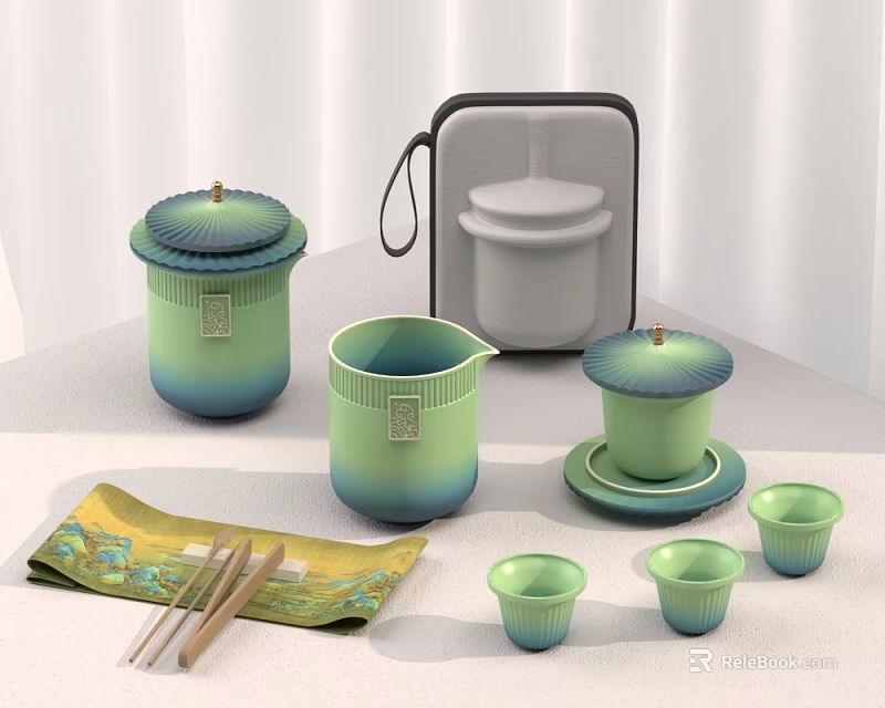 Modern Gradient Green Tea Set with Teapot Cups Tray Portable Case and Tea Utensils 3d model