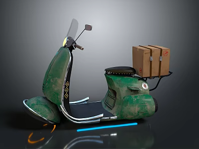 Green Modern Scooter With Cardboard Boxes And Blue Light Effects For Delivery 3d model