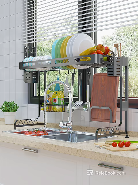 Practical Kitchen Sink Area With Overhead Storage Cabinets Holding Dishes Fruits And Utensils 3d model 