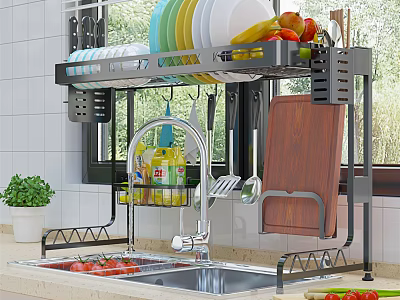 Practical Kitchen Sink Area With Overhead Storage Cabinets Holding Dishes Fruits And Utensils 3d model