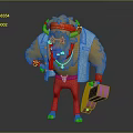 Anthropomorphic Yellow Boss Creature Wearing Blue Vest Red Pants Star Glasses Holding Purple Suitcase