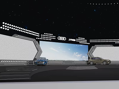 Modern Audi Car Display Area With Large Screen Lighting And Blue Gold Vehicles 3d model