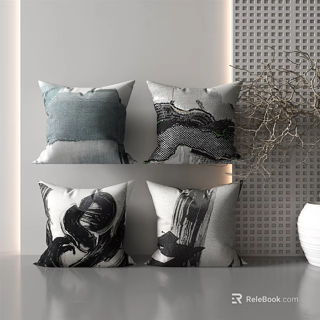 Modern Decorative Throw Pillows With Abstract Black White Gray Patterns In Interior Setting 3d model