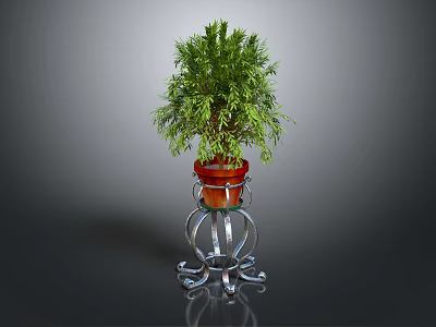 Green Leafy Plant In Red Flower Pot On Metal Stand With Curved Legs 3d model