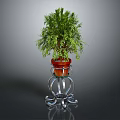 Green Leafy Plant In Red Flower Pot On Metal Stand With Curved Legs
