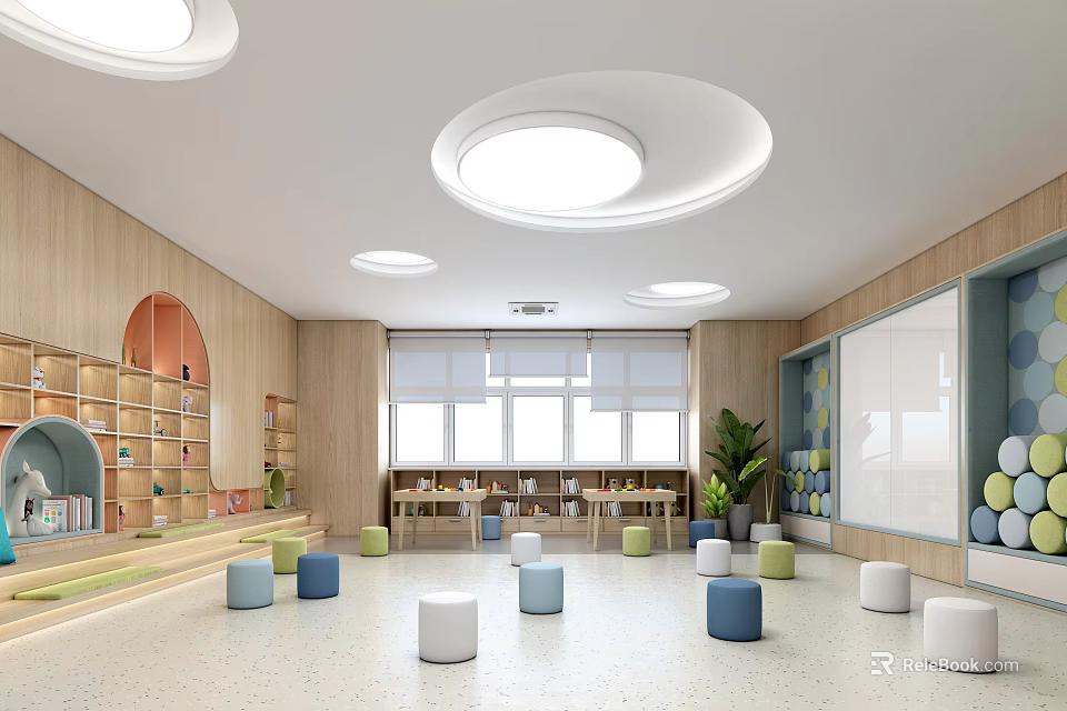 Kindergarten Interior With Wooden Walls Round Ceiling Lights Colorful Stools Bookshelves Windows And Green Plants 3d model 