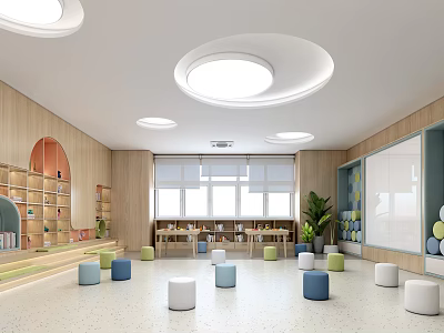 Kindergarten Interior With Wooden Walls Round Ceiling Lights Colorful Stools Bookshelves Windows And Green Plants 3d model