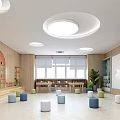 Kindergarten Interior With Wooden Walls Round Ceiling Lights Colorful Stools Bookshelves Windows And Green Plants