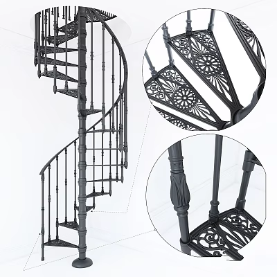 Black Spiral Staircase With Wrought Iron Railings Intricate Cutout Patterns And Decorative Posts Design 3d model