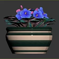 Potted Plant With Blue Purple And Pink Flowers Green Leaves In Striped Green Beige Pot