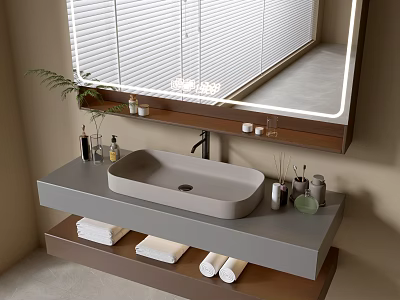 Modern Bathroom Vanity Cabinet With Large Mirror Under Mount Basin Towels And Toiletries 3d model