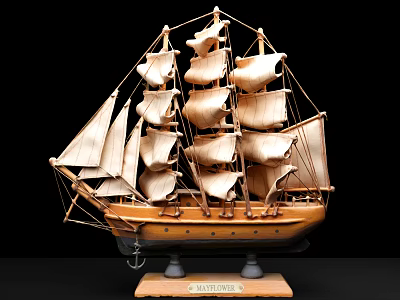 Decorative Ornament Set Featuring Wooden Sailing Ship Model with Detailed Sails on Stand Base 3d model