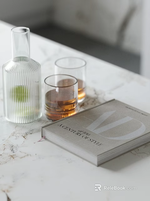 Stylish Glass Bottle And Whiskey Glasses With Book On Marble Surface 3d model 