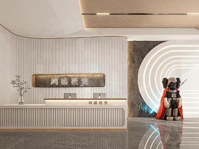 Modern Reception Desk With Curved Wall Lighting Strips Marble Backdrop Green Plant And Decorative Sculpture 3d model