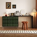 Green Drawer Black Countertop Dressing Table With Round Mirror Orange Stool And Decorative Paintings