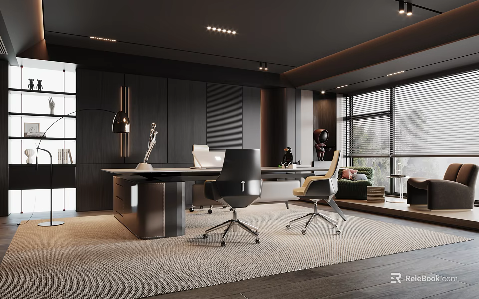 Modern Dark Office Interior With Desk Black White Chairs And Large Windows With Blinds 3d model 