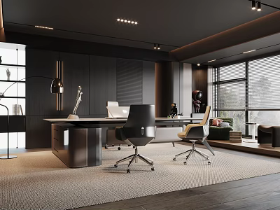 Modern Dark Office Interior With Desk Black White Chairs And Large Windows With Blinds 3d model