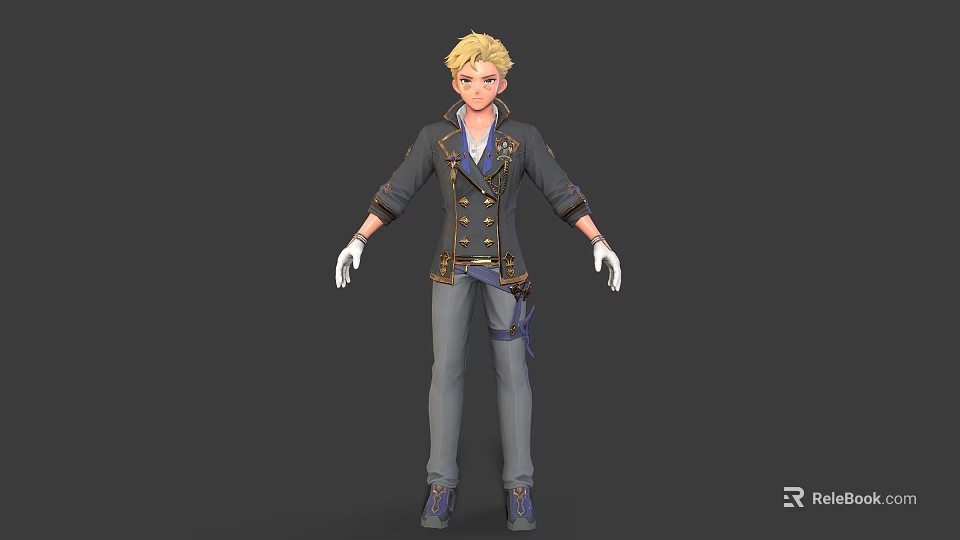 3D Model Character with Blonde Hair Dark Coat Gold Buttons Blue Shirt and Gray Pants 3d model 
