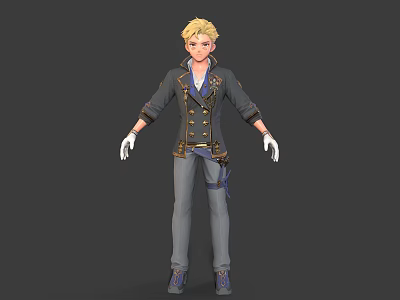 3D Model Character with Blonde Hair Dark Coat Gold Buttons Blue Shirt and Gray Pants 3d model