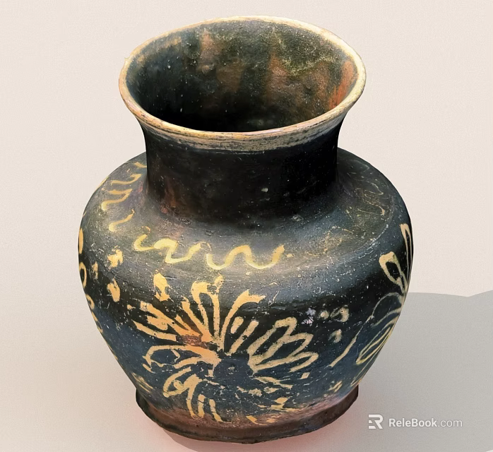 Black Clay Vase Featuring Intricate Gold Floral Patterns And Smooth Surface 3d model 