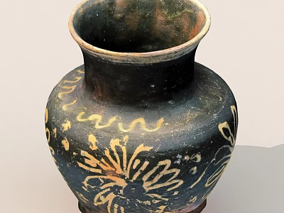 Black Clay Vase Featuring Intricate Gold Floral Patterns And Smooth Surface 3d model