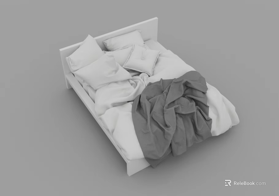 Double Bed with White Headboard White Pillows and Gray Blanket in Casual Bedding Setup 3d model 