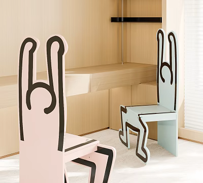 Abstract Line Designed Pink And Light Blue Stools In Indoor Wooden Cabinet Setting 3d model
