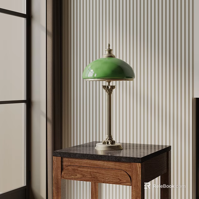 Green Lampshade Metal Base Table Lamp on Wooden Cabinet Black Countertop Striped Wall 3d model 
