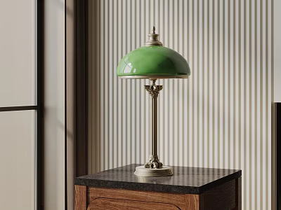 Green Lampshade Metal Base Table Lamp on Wooden Cabinet Black Countertop Striped Wall 3d model