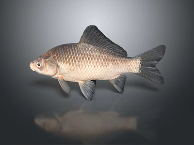 Common Freshwater Fish With Scaled Grayish Brown Body Fins And Reflection On Gray Background 3d model